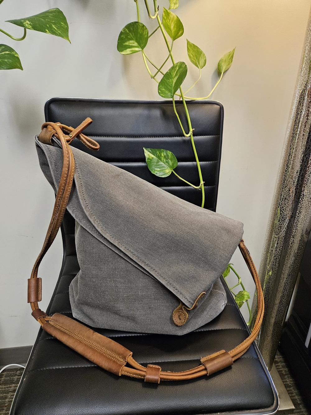 Gray Canvas Crossbody Foldover Slouchy Bag with Brown Leather Strap